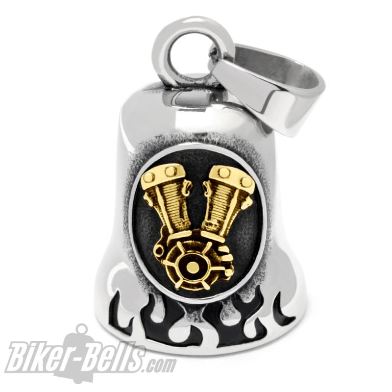 Goldener V2 Motorblock auf Edelstahl Biker-Bell mit Flammen Engine Ride Bell